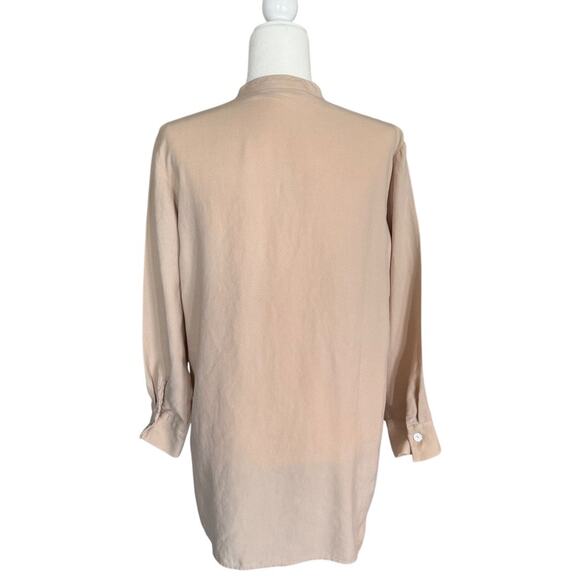 ZARA Tan Lyocell Blend Button-Up Shirt Minimalist Collarless Long Sleeve Blouse - Picture 5 of 10